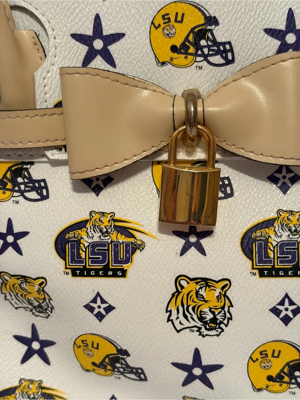 LSU Themed White & Tan Satchel Bag with Bow Accent & matching accessory pouch